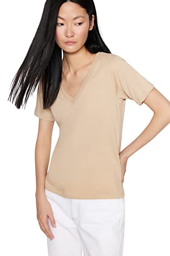 Trendyol Damska koszulka z dzianiny o regularnym kroju z dekoltem w serek, Kolor norek, S