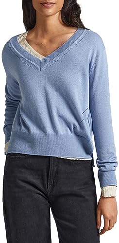 Pepe Jeans Damski sweter Donna z dekoltem w serek, niebieski (stalowy niebieski), L
