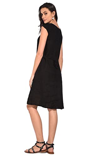 Sukienka damska 100% lniana Made in Italy, długa sukienka z okrągłym dekoltem, z przodu z krótkim rękawem, satyna, rozmiar: S, Satyna, S