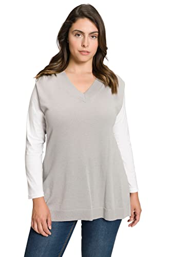 Ulla Popken Damski sweter, głęboki dekolt w serek, rozcięcia po bokach, sweter bez rękawów, szary melanż, 46/48