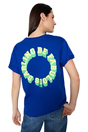Trendyol Damska koszulka z dzianiny Boyfriend Basic Crew Neck Sax, S, Sax, S