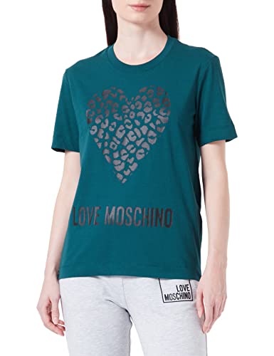 Love Moschino Damska koszulka o regularnym kroju z krótkim rękawem z motywem zwierzęcym serca i logo Maxi, zielony, 44