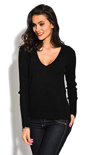 Bonamaison Damski sweter z dekoltem w serek w prążkowany T-shirt, Czarny, 38 PL