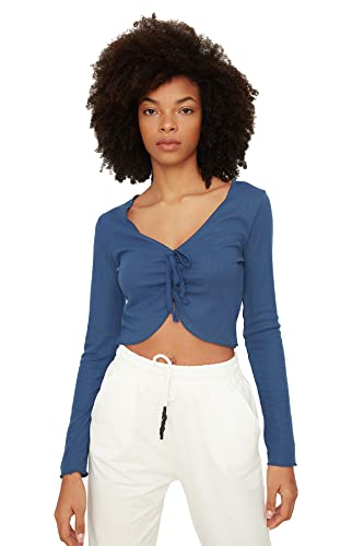 Trendyol Damska bluza z nadrukiem Indigo Shutter Detailed Knitted Blouse, XS
