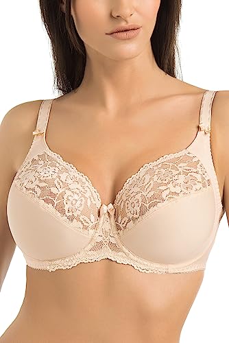 Teyli Damski biustonosz z fiszbinami Minimizer z koronką, beżowy, 65G