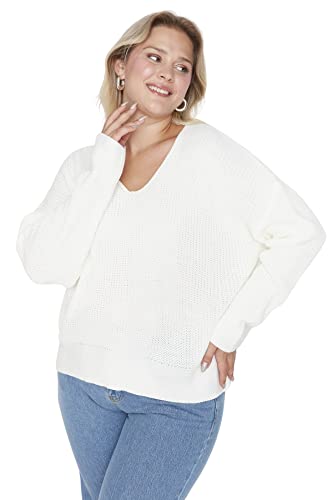 Trendyol Damska bluza z dekoltem w serek zwykły zwykły sweter plus size, Ecru, 3XL