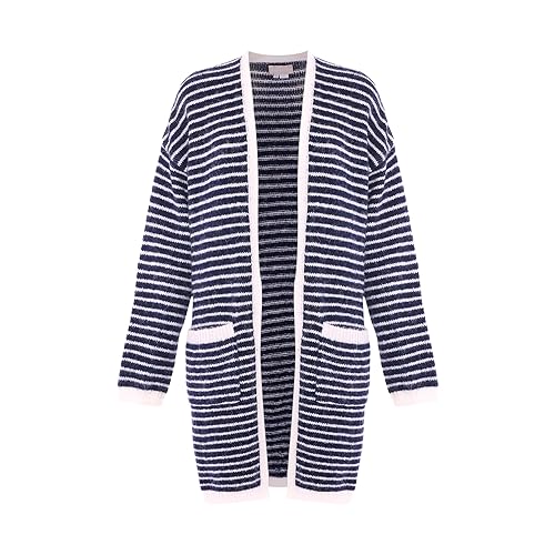 Jalene Damska modna kurtka w paski, długi kardigan nylonowy, granatowy, białe paski, rozmiar XL/XXL, Granatowe białe paski, XL