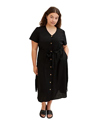 TOM TAILOR Damski lniana sukienka z paskiem do wiązania 1033388, 14482 - Deep Black, 44