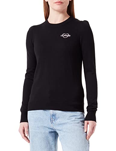 Love Moschino Damski sweter o regularnym kroju z okrągłym dekoltem, długie rękawy z mankietem i sercem, emblematem, czarny, 42