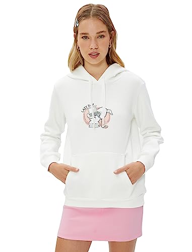 Koton Damska bluza z kapturem z długim rękawem, kangaroo, z nadrukiem, detale, Ecru (010), l