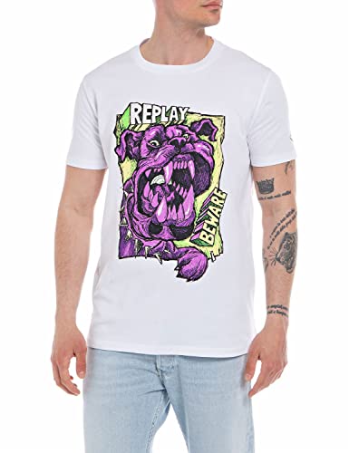 Replay T-shirt męski z krótkim rękawem z nadrukiem, 001 White, M