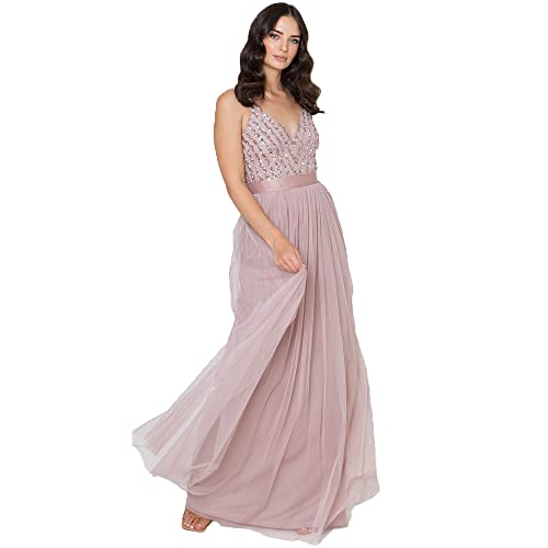 Maya Deluxe Damska sukienka maxi Maya bez rękawów w paski zdobiona sukienka maxi na studniówkę, matowy róż, 12
