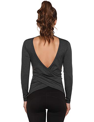 Sykooria T-shirt damski, koszulka sportowa, bez pleców, długi rękaw, koszulka treningowa, szybkoschnąca, elastyczna, do jogi, na siłownię, czarny, XL