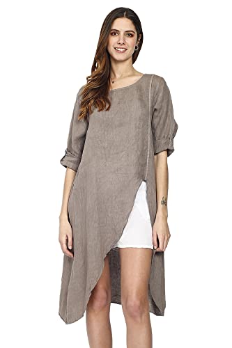 Bonateks damska sukienka 100% lniana wyprodukowana we Włoszech, długa sukienka z czystego lnu, jasnobrązowa, rozmiar: XL, Jasny Szarobrązowy, XL