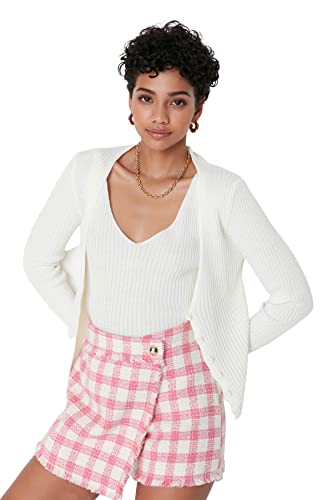 Trendyol Damski standardowy standardowy kardigan z dzianiny z dekoltem w serek, Ecru, S