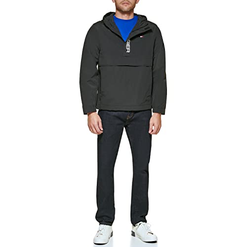 Tommy Hilfiger Męska kurtka retro lekka Taslan Popover wiatrówka, Nowy czarny, L