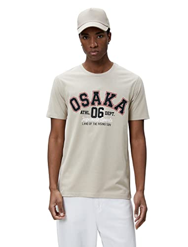 Koton Męski t-shirt z nadrukiem Varsity Crew Neck Short Sleeve Cotton T-Shirt, beżowy (052), XS
