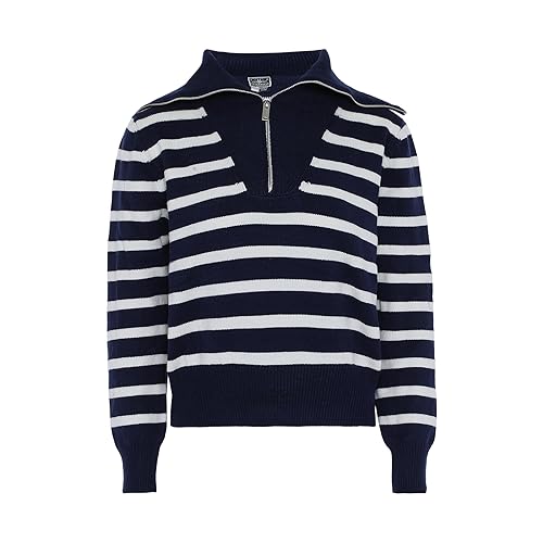 Dreimaster maritim Damski sweter z dzianiny w paski z zamkiem błyskawicznym i granatowym dekoltem, granatowy, wełniany, białe paski, rozmiar XL/XXL, Ciemno-granatowe białe paski, XL