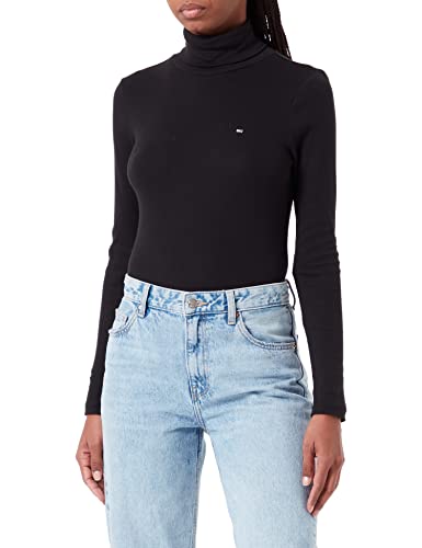 Tommy Hilfiger Damski wąski modal prążkowany top roll-nk inne dzianiny, Czarny, XXS