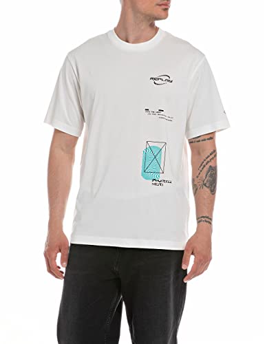 Replay T-shirt męski z krótkim rękawem z nadrukiem, 011 Natural White, XL