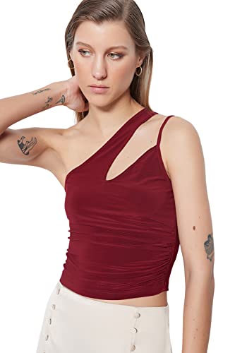 Trendyol Damska bluzka z dzianiny slim fit basic asymetryczny kołnierz, bordowa, XL, Burgund, XL