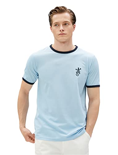 Koton Lizzard Embroidered Crew Neck Short Sleeve Slim Fit T-Shirt męski, Niebieski (624), S