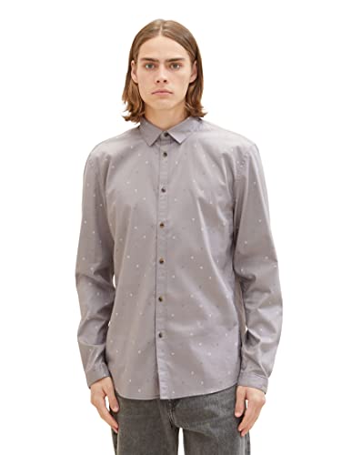 TOM TAILOR Denimowa męska koszula o dopasowanym kroju z bawełnianym nadrukiem na całej powierzchni, 30844-Szary pikselowy nadruk w romby, XXL