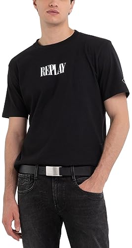 Replay Męski T-shirt z krótkim rękawem, okrągły dekolt, logo, czarny (Black 098), L, Black 098, L