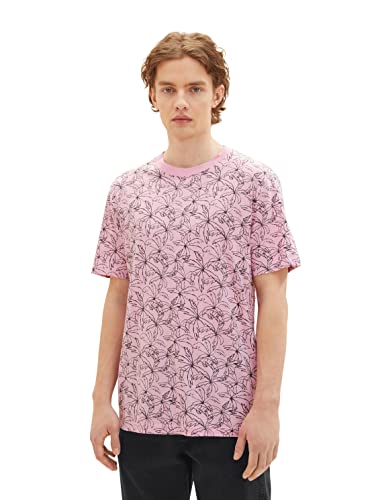 TOM TAILOR Denim Męski T-shirt z wzorem palmy, 32142 - Pink Outlines Palm Print, L