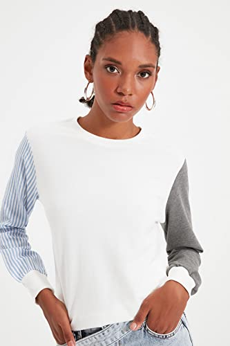 Trendyol Damska bluza ECUS Color Blocked Basic Knitted Slim Sweatshirt, ecru, S