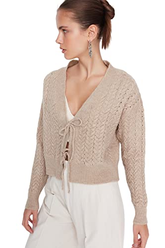Trendyol Damski standardowy standardowy kardigan z dzianiny z dekoltem w serek, Wielbłądzi, M