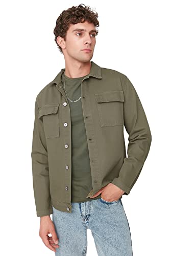Trendyol Męska koszula z długim rękawem, kurtka z kołnierzykiem, regularny khaki, Khaki, S