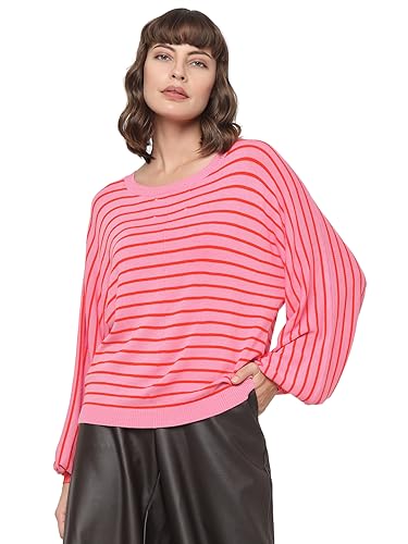 Bestseller A/S Damski VMDAHLIA LS Balloon GA Boo sweter, saszetka różowa/paski: mandarynka, L, Sachet Pink/Stripes:tangerine, L