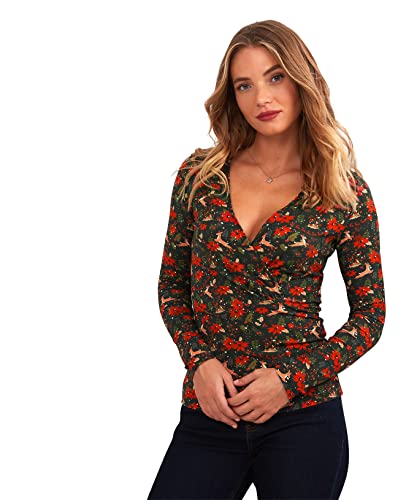 Joe Browns Damski świąteczny kwiatowy top z dekoltem w serek, ZIELONY, 32