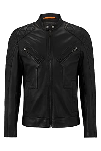 BOSS Jonata Slim-Fit męska kurtka motocyklowa z woskowanej skóry, czarny (Black1), 52