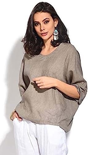 Bonateks, Krótka sukienka z marszczonym dnem i okrągłym kołnierzem marszczonym, 100% len, rozmiar DE:38 Rozmiar US: M, pustynia - wyprodukowano we Włoszech, beżowy, 38