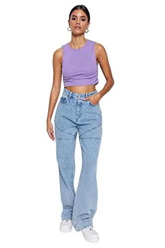 Trendyol Damska bluzka z dzianiny slim fit basic z okrągłym dekoltem, lilia, M