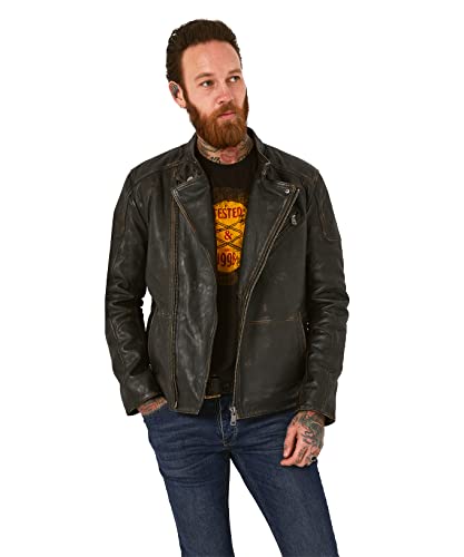 Joe Browns Męska kurtka vintage postarzana ze spranej skóry Edgy z zamkiem błyskawicznym, czarna, XL, Czarny, XL