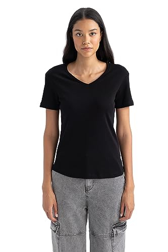 DeFacto Damska koszulka z dekoltem w serek – klasyczna koszulka basic dla kobiet – wygodna koszulka dla kobiet, czarny, L