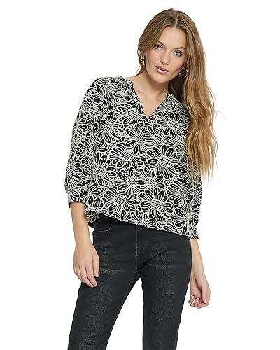 Minus Damska bluzka z haftem Maila z dekoltem w serek 3/4, czarna, 8, Black, 34