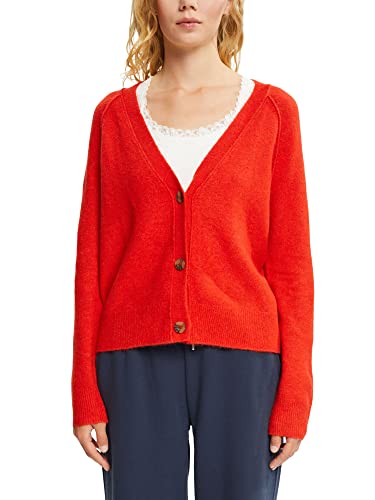 ESPRIT Z wełną: kardigan z dekoltem w serek, pomarańczowy czerwony, XXL