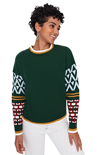 Trendyol Damska bluza z okrągłym dekoltem, zwykła, zwykła, zielona, S, ZIELONY