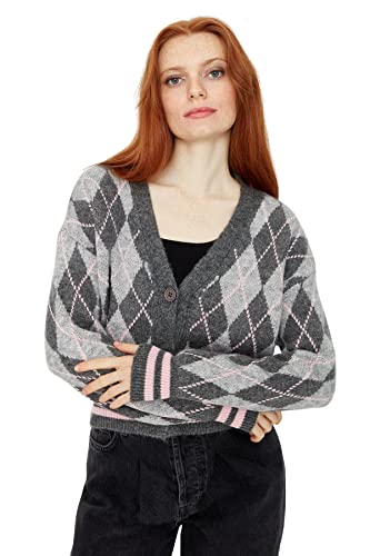 Trendyol Damski sweter kardigan z dekoltem w szpic, z diamentowym wzorem, antracytowy, M, Antracyt, M