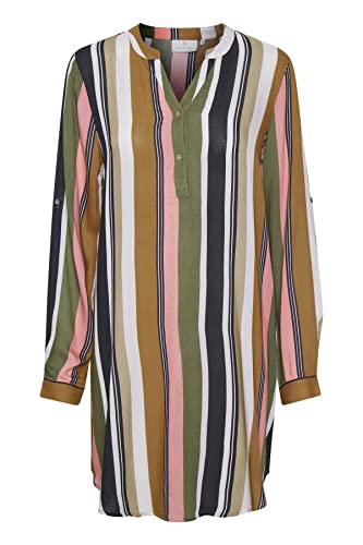 KAFFE Damska koszula tuunika z roll up Sleeves Oversized Long Casual Dress, Zielony/Różowy Nadruk w Paski, 36