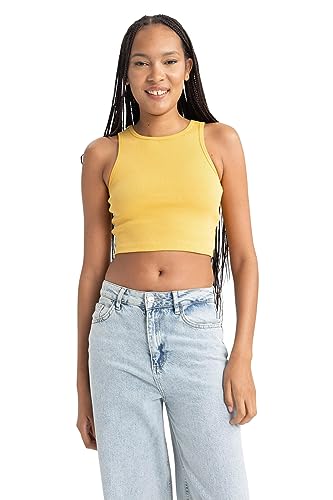 DeFacto Damski top typu crop top, sportowy top damski, modny top damski, sportowy styl, wszechstronne łączenie, żółty, S