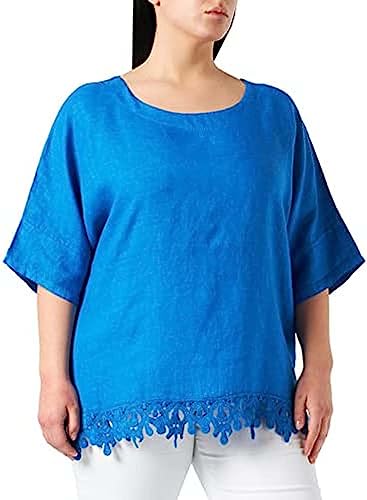 Bonateks, Okrągły dekolt z półrękawami i koronką z falbankami, 100% len, rozmiar DE:40, rozmiar US: XL, topy, Roy Blue - wyprodukowano we Włoszech, wielokolorowy, 40
