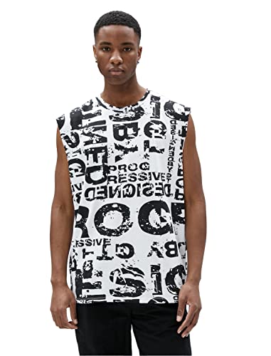 Koton Męski tank top bez rękawów z nadrukiem Crew Neck, Biały wzór (0d0), S