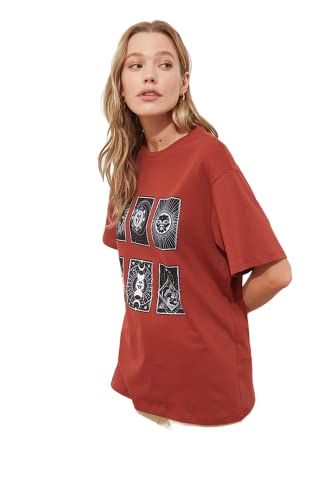 Trendyol Damska damska koszulka oversize z okrągłym dekoltem, cynamon, XS, Cynamon, XS