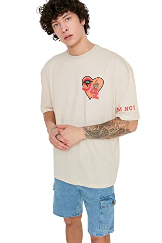 Trendyol Męska koszulka męska młoda oversize basic okrągły dekolt tkany t-shirt, KAMIEŃ, XL