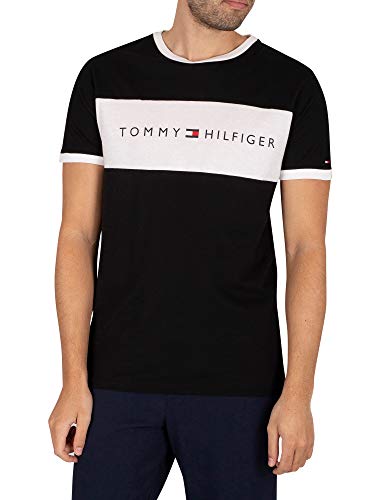 Tommy Hilfiger Męska koszulka Cn Ss Logo Flaga Piżama Top, Czarny, S